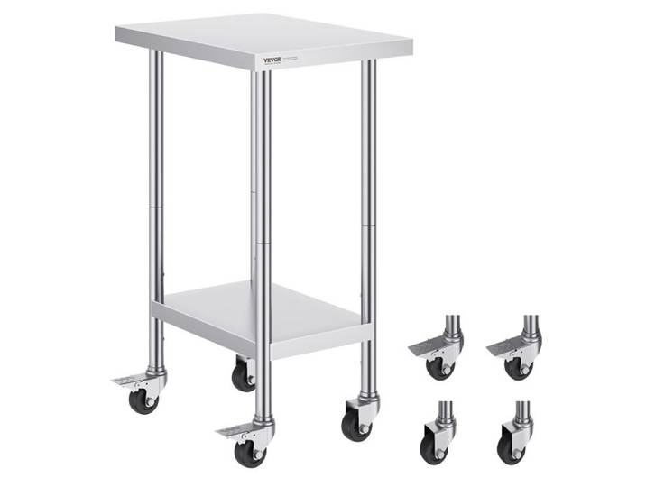 Table de travail - VEVOR - HETG-24*18 - Inox 61x45.7x95.5 cm - 4 roulettes - Hauteur 3 niveaux