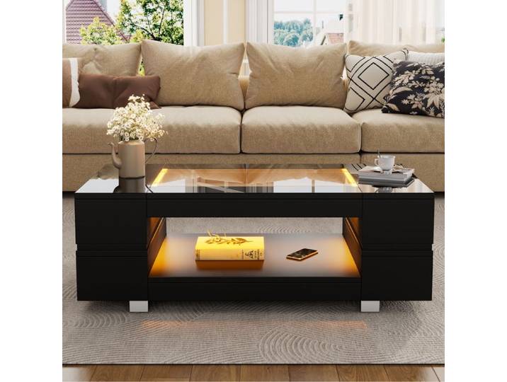 Table Basse - TANANT - Rectangulaire - Noir - LED - Rangement 100x50x35 cm