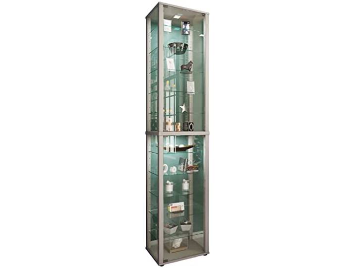VCM Standvitrine Silber 50x38x227 cm 2 Türen 11 Fächer Glas Holzwerkstoff