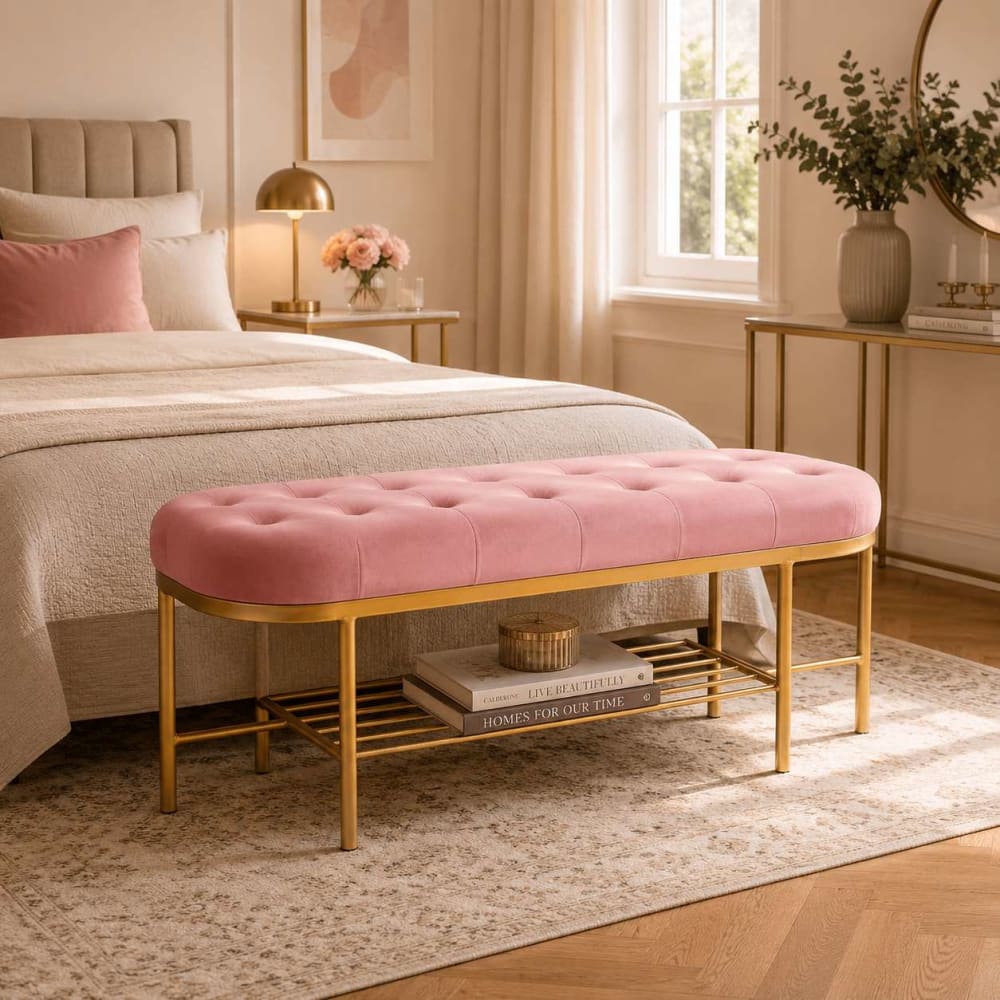 NIYLO Banquette en polyester capitonnée rose 100x35x40 cm Rose 35x40x100cm