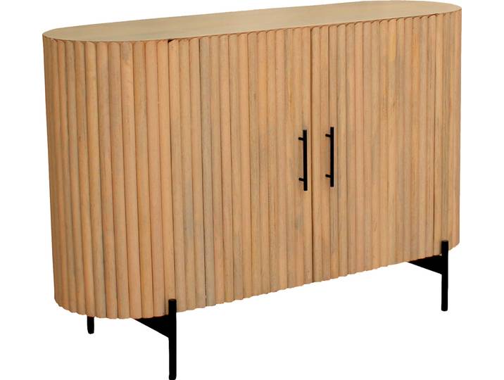 Kommode SIT Pula aus Mangoholz mit Lamellen-Design & schwarzen Metallfüssen , beige (natur, schwarz), B:120cm H:80cm T:40cm, Massivholz, Metall, Sideboards, Kommode, 2 Türen mit grosszügigen Fächern & 14 cm hohen Metallfüssen