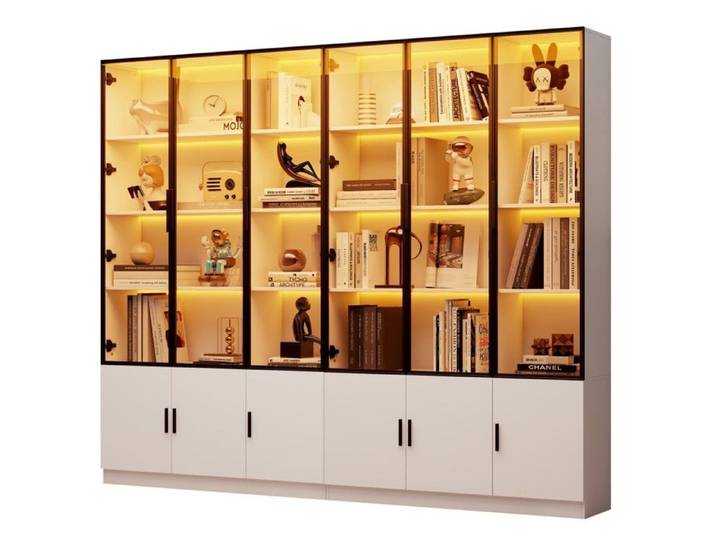 Vitrine 240x32x200cm Blanc Autoportante À 12 Portes Armoire Haute Vitrée Avec LED Meuble Multifonctionnel Pour Salon