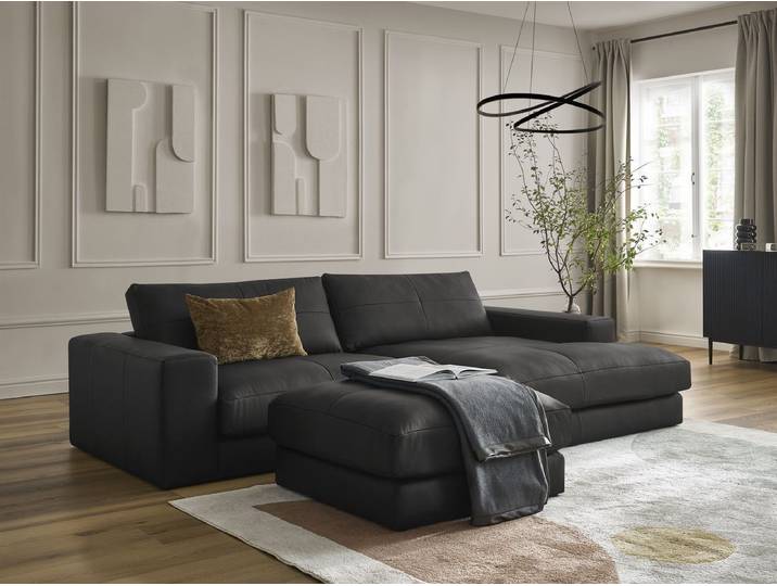Canapé d'angle fixe LEONARD cuir de vache avec pouf