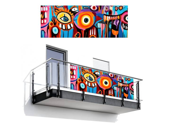 MuchoWow Balkon-Sichtschutz Abstrakt - Gesicht - Farbenfroh, Mehrfarbig, Kunststoff, Rechteckig, 300x110 cm, Sonnenschutz, Sichtschutz