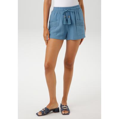 Shorts ANISTON CASUAL, Damen, Gr. 36, N-Gr, blau, Web, Obermaterial: 100% Baumwolle, Strukturmuster, unifarben, figurumspielend kurz, Hosen Shorts, mit Häkel-Applikationen verziert