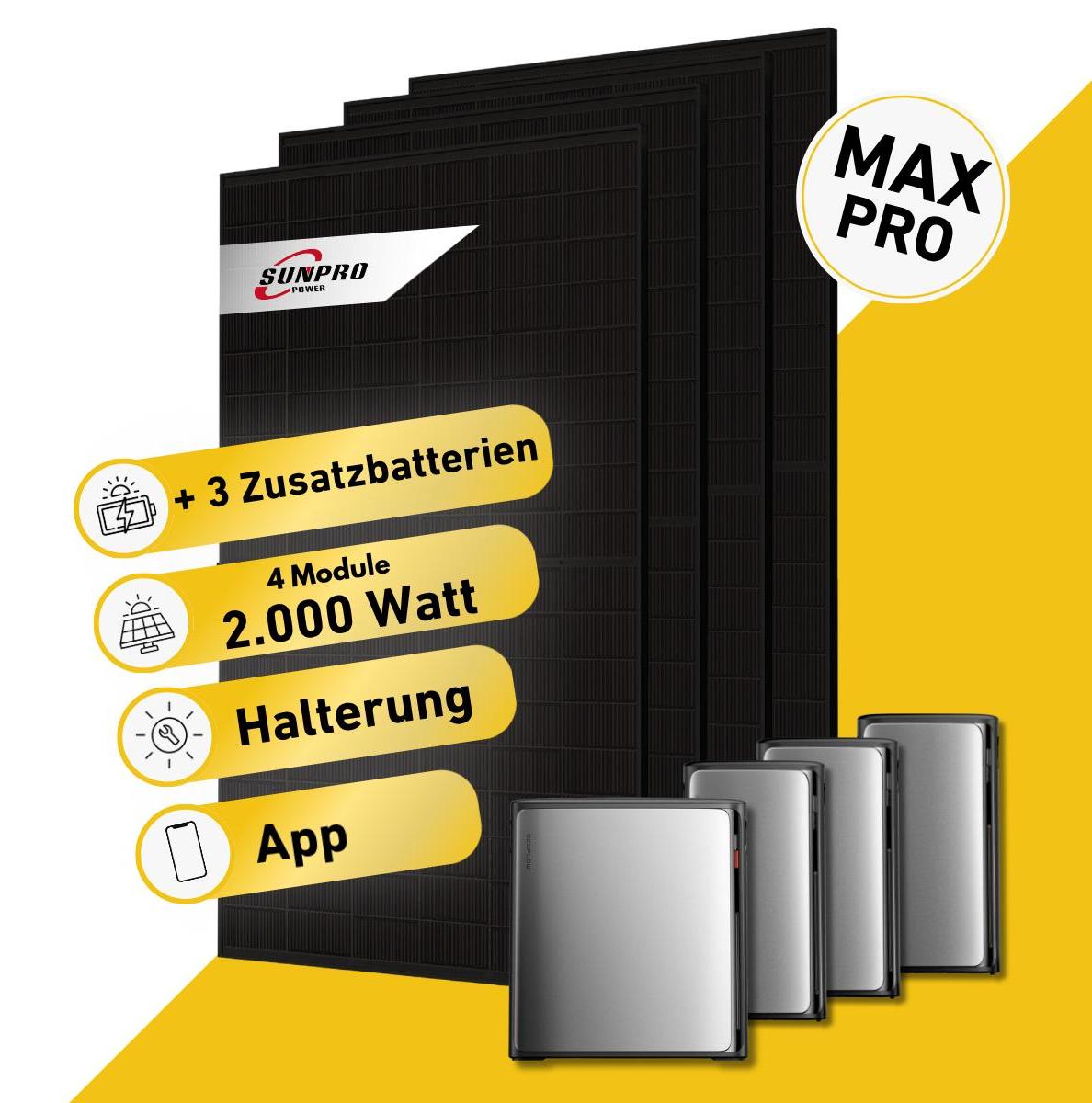 Balkonstrom Balkonkraftwerk 2000W Solaranlage mit Speicher | 3xZusatzspeicher | 4xSolarmodul | SunEnergyXT 500 Pro