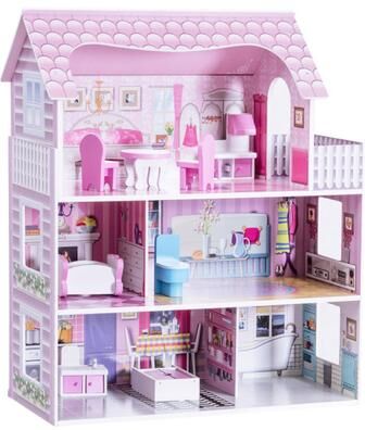 Costway 28 Inch Pink Dollhouse with Furniture