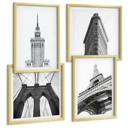 BILDER SET 4er Set - 50x50 cm & 40x60 cm Goldrahmen - Architektur Schwarz-Weiß-Minimalismus