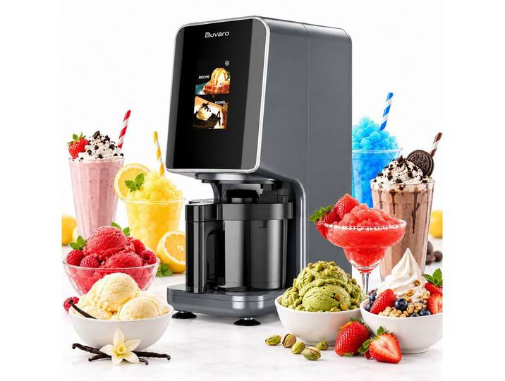 BUVARO Eismaschine Dessertmaschine, 9 Programmen, mit 3×430ML Behältern, 0,43 l, 700 W, mit Mix-In-Funktion,für Eiscreme, Gelato, Sorbet, Milchshakes und mehr