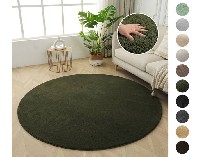 Teppich GOODPRODUCT Cali , grün (dunkelgrün), H:16mm Ø:180cm, Kunstfaser, Microfaser, Teppiche, Teppich, Uni-Farben, kuschelig, & weich, waschbar, Wohnzimmer, Schlafzimmer