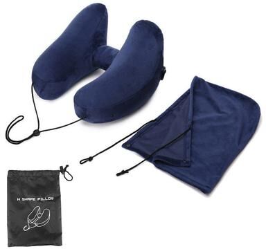 DynamicDeals Travel Neck Pillow, Inflatable Neck Pillow With Hood, Car Neck Rest Cushion, H Shaped Inflatable Pillow Portable blue