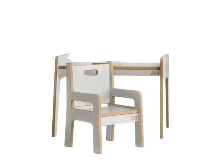 Babywood Tisch und Stuhl für Kinder, Kinderschreibtisch Set mit Stuhl aus Holz, sicherer Spieltisch Set (grau)