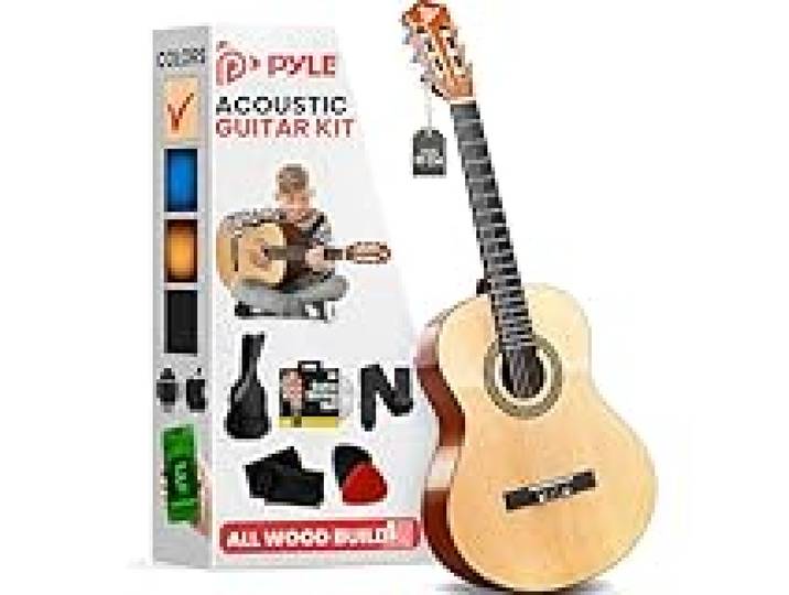 Pyle - Kit de Guitare Acoustique pour Débutant - Guitare Enfant/Adulte - Taille Junior 3/4 en Bois Massif - 91,44 cm Frêne Naturel