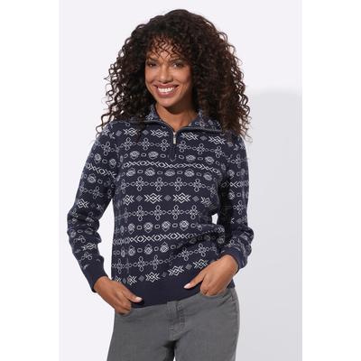 Troyer CASUAL LOOKS "Troyer", Damen, Gr. 46, blau (marine, ecru, gemustert), 100% Baumwolle, gemustert, mehrfarbig, Pullover Troyer