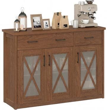 Costway Farmhouse Buffet Sideboard 3-Door Kitchen Storage Cabinet with 2 Drawers-Brown