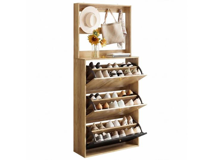 Flieks Schuhschrank Natur Schwarz 3 Klappen Haken 75x24x180cm, Mehrfarbig, 75x180x24 cm, Garderobe, Schuhaufbewahrung, Schuhschränke