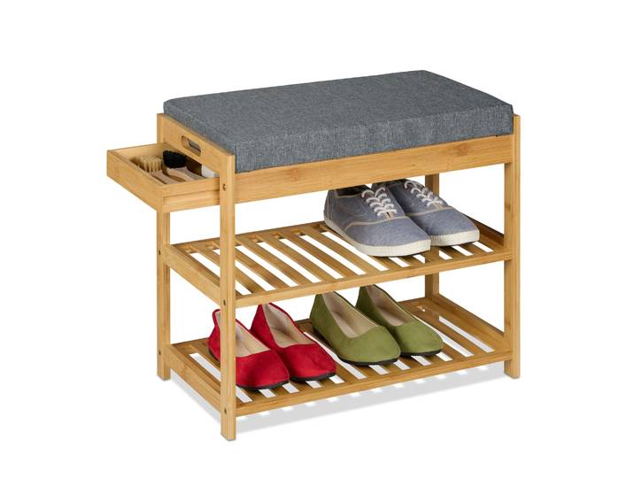 Schuhbank mit Polster und Schublade Hellbraun-Grau