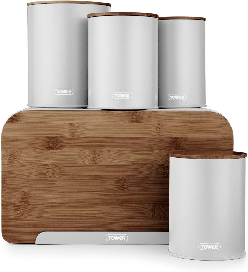 Tower Scandi 5 Piece Acacia Wood Storage Set with Bread Bin, Biscuit Barrel, Canisters Gray