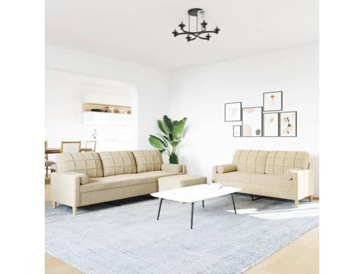 KTHLBRH Sofa-Set, 3-teilig, Creme mit Fußhocker Polyestergewebe, Metallrahmen, 4 Kissen inklusive, 2-Sitzer und 3-Sitzer
