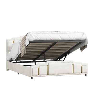STILVORA Polsterbett Samt Beige 140x200 cm, hydraulischer Stauraum, LED-Beleuchtung