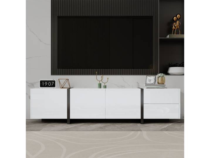 Meuble TV blanc brillant avec pieds de table noirs, portes et tiroirs simples pour salon PINGGO