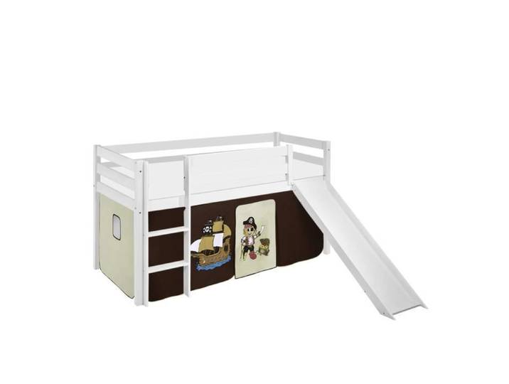 Lit surélevé ludique JELLE Pirate marron beige - avec rideaux et toboggan - LILOKIDS - blanc laqué