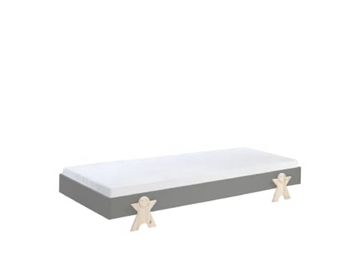 möbelando Stapelbett >Moldulo< Einzelbett/Stapelbett 90 x 200 cm Liegefläche, grau lackiert, Fuß Smileystern-Optik Kiefer Natur lackiert, Stellfläche ca.: B: 203,6 x H: 27,5 x T: 93,8 cm