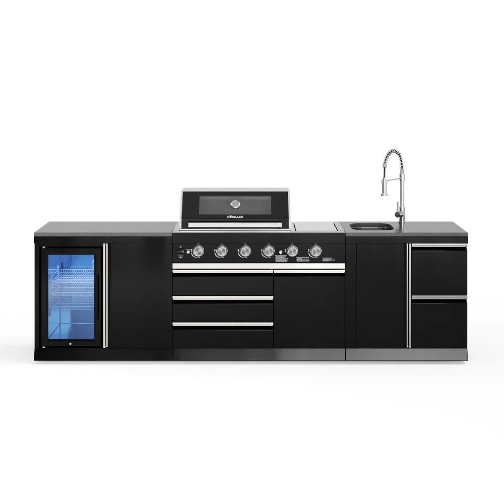 GORILLER BLACKBACK M4 Outdoor-Küche, Gasgrill mit Kühlschrank und Waschbecken, Extra-Arbeitsfläche und Stauraum, Edelstahl, Schwarz