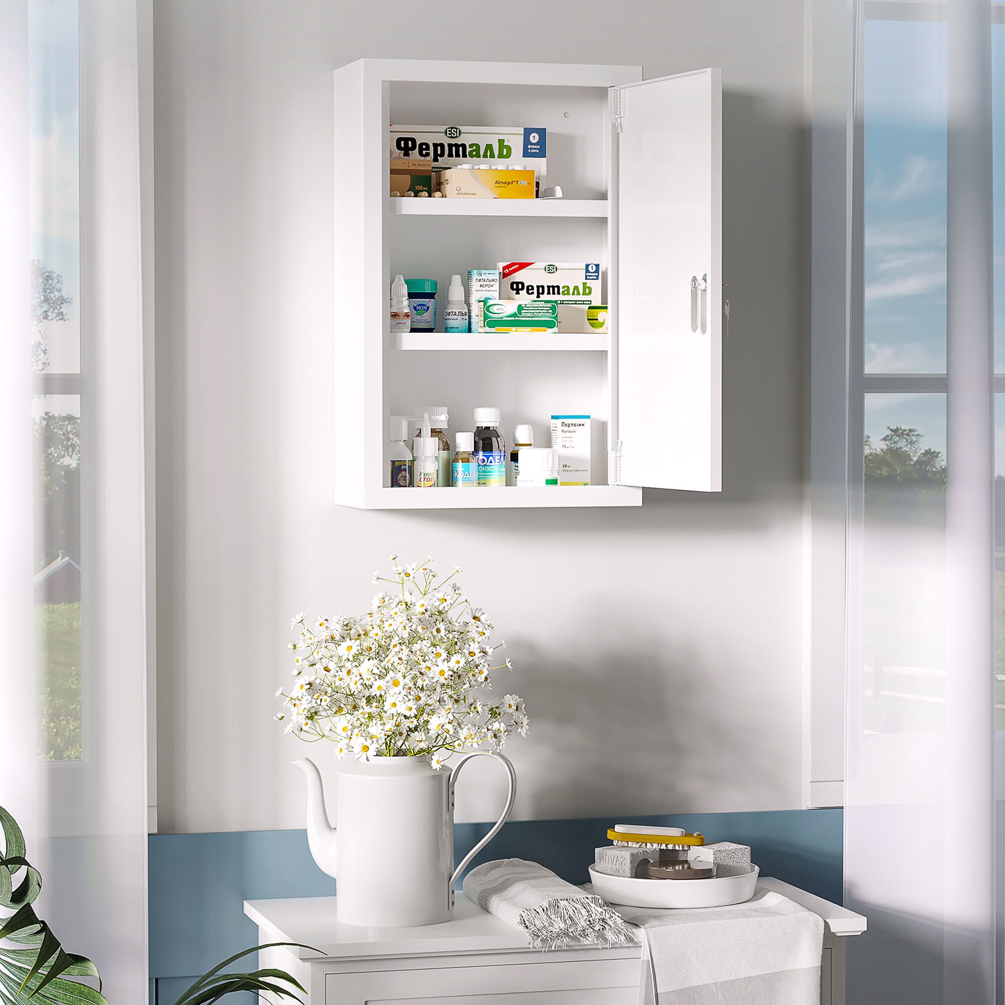 Altro Armadietto Medicinali A 3 Ripiani Con Serratura E 2 Chiavi, In Acciaio, 30x14x46 Cm, Bianco