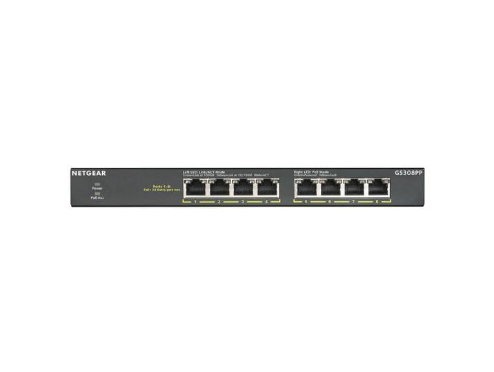 Netgear GS308PP, Non-géré, Gigabit Ethernet (10/100/1000), Full duplex, Connexion Ethernet, supportant l'alimentation via ce port (PoE), Montage mural