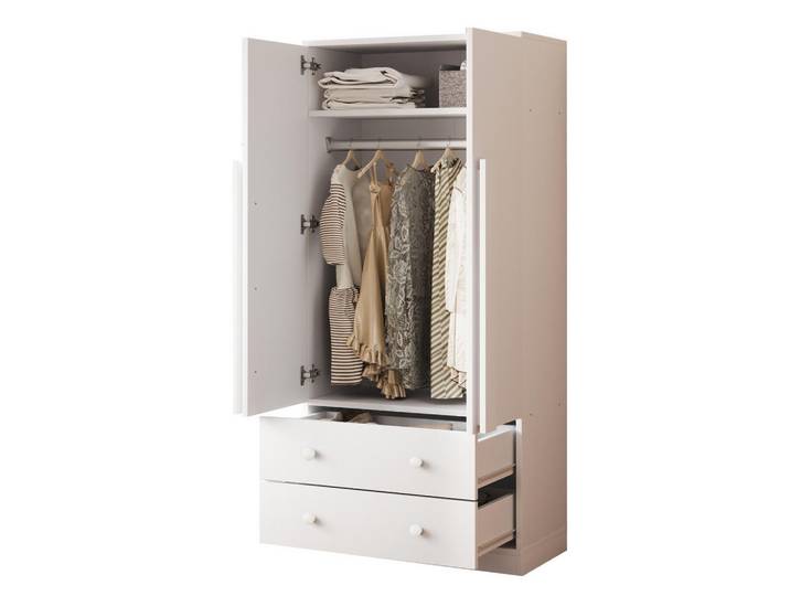Okwish Kleiderschrank 70/40/170 cm weiß aus Holz mit 2 Schubladen, Weiß, 70x170x40 cm, Schlafzimmer, Kleiderschränke