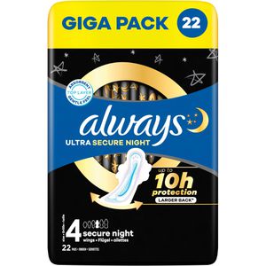 always Damenbinden Ultra Secure Night, Größe 4, geruchsneutralisierend, mit Flügeln, 22 Stück