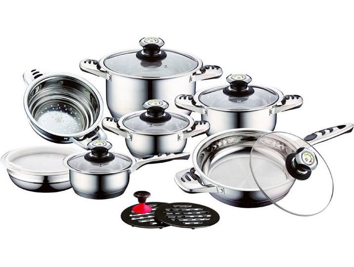 CS Koch-Systeme Topf-Set Aurich, Edelstahl (Set, 16-tlg., Bratentopf 16/20/24cm, Stieltopf 16cm, Pfanne 24cm, Einsatz, Schüssel), 16-teilig, Induktion
