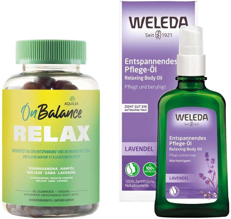 Aquilea Onbalance Relax Gummies + Weleda Lavendel Pflege-Öl