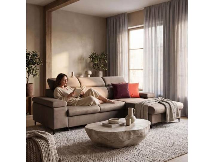 Muffo Ecksofa mit Schlaffunktion und Bettkasten Rechts Braun freistehendes Sofa verstellbare Armlehnen Schlafsofa MAVIC L Stauraum Ecksofa verstellbare Kopfstützen
