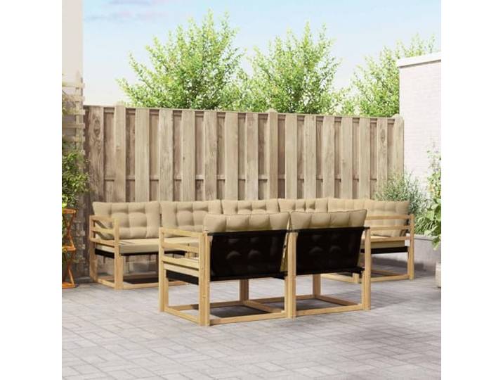 RJPLMFV Ecksofa für den Außenbereich, 7-teilig, Weiß / Beige Rahmen aus massivem Akazienholz, Kissen aus Textilene, wasserdicht, modulares Design, Rückenlehne Unterstützung