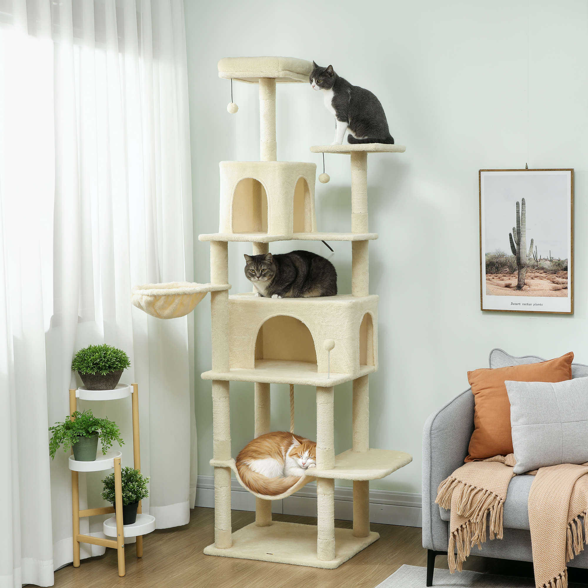 Pawhut Albero Tiragraffi per Gatti con Piattaforma, Torre, Letto, Tane e Pali in Sisal 60x48x202 cm Beige   Aosom Italy