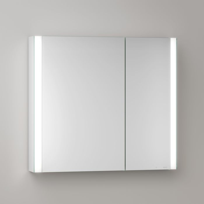 KEUCO Somaris Spiegelschrank mit Beleuchtung 14502002200 80 x 71 x 12,7 cm, verspiegelt, 2 Türen, Wandvorbau, asymmetrisch