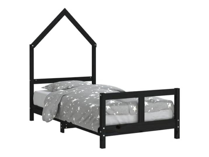 FDSAQOPT Schwarz 80x160 cm Massivholz Kiefer Hausform Design, robuste Holzlatten, Lattenrost inklusive, niedrige Einstiegshöhe, Kiefernholz Maserung