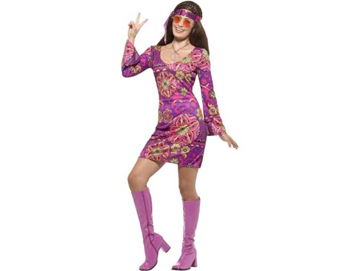 Smiffys Hippie kuikenkostuum, meerkleurig met jurk, hoofddoek en medaillon, jaren 60 groovy verkleedkostuum voor volwassenen