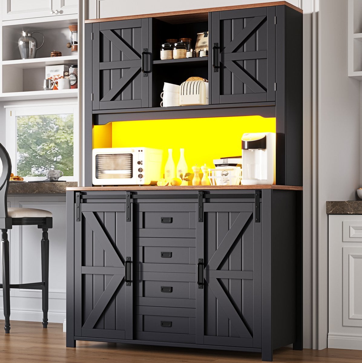 COVREO Keukenkast zwart sideboard met LED-verlichting en schuifdeuren B: 115 cm, D: 40 cm, H: 174,7 cm