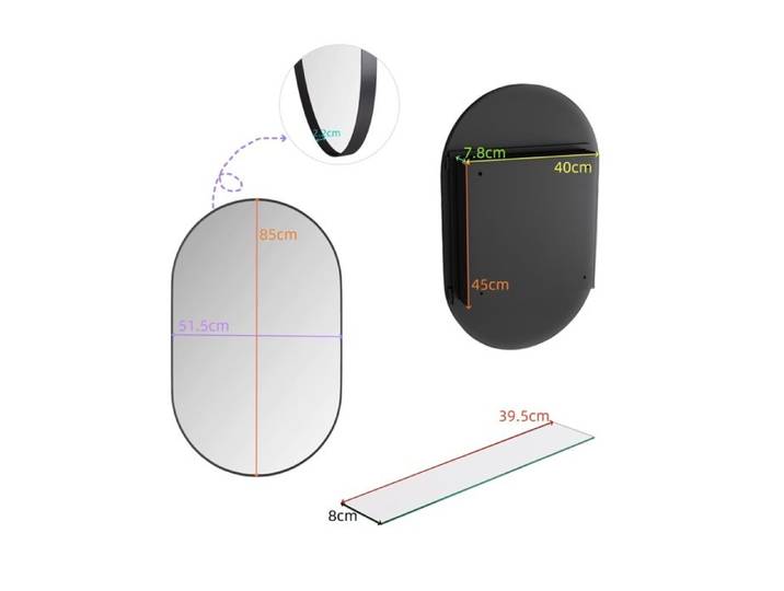 MEULVA Armoire à pharmacie miroir ovale noire murale ou encastrable avec 2 étagères en verre