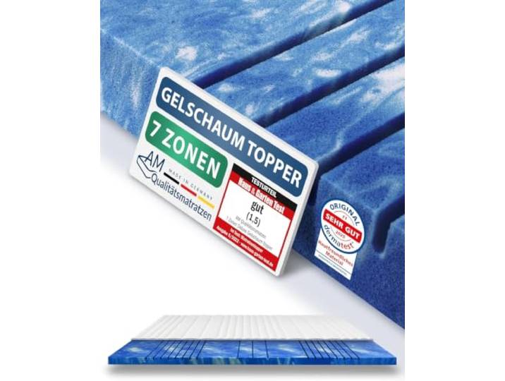 AM Qualitätsmatratzen 7 Zonen Deluxe Gel Topper 105x190cm RG50 - Made in Germany - Atmungsaktiver Gelschaum Topper 105x190-8cm - Kühlende Matratzenauflage mit Lyocell Bezug und Anti-Rutsch Funktion