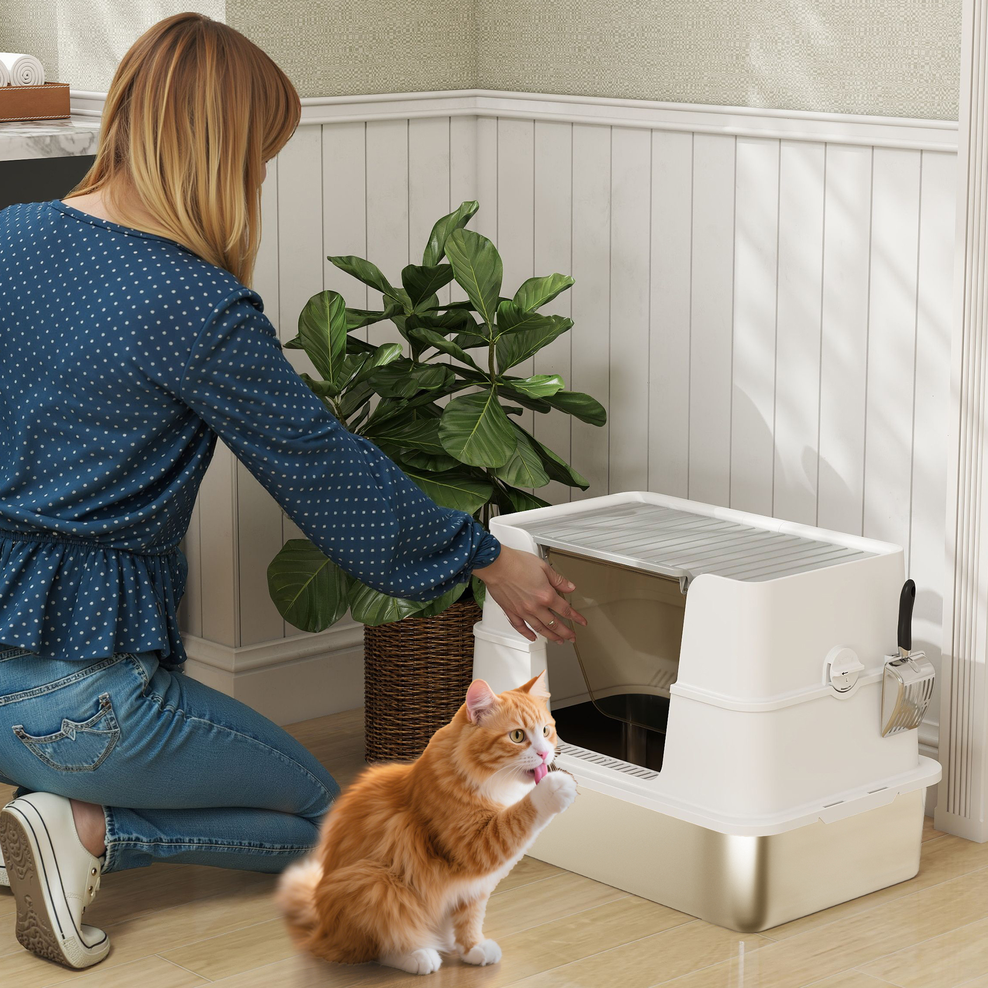 Pawhut Lettiera per Gatti in Acciaio Inossidabile, Spazioso Interno XL, con Paletta, Grigio Chiaro   Aosom Italy