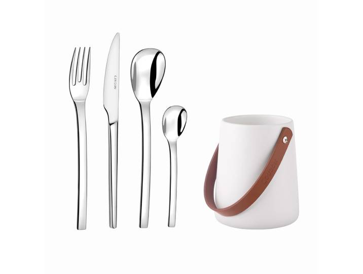 24 couverts avec pot de rangement en acier inoxydable - inox