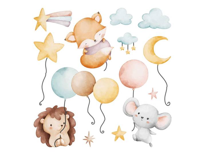 Wallfluent Wandaufkleber 80x138cm - Tiere mit Luftballons, Mehrfarbig, Kunststoff, Rechteckig, 80x138x0.1 cm, Tapeten & Wandverkleidungen, Wandtattoos & Sticker, Wandtattoos