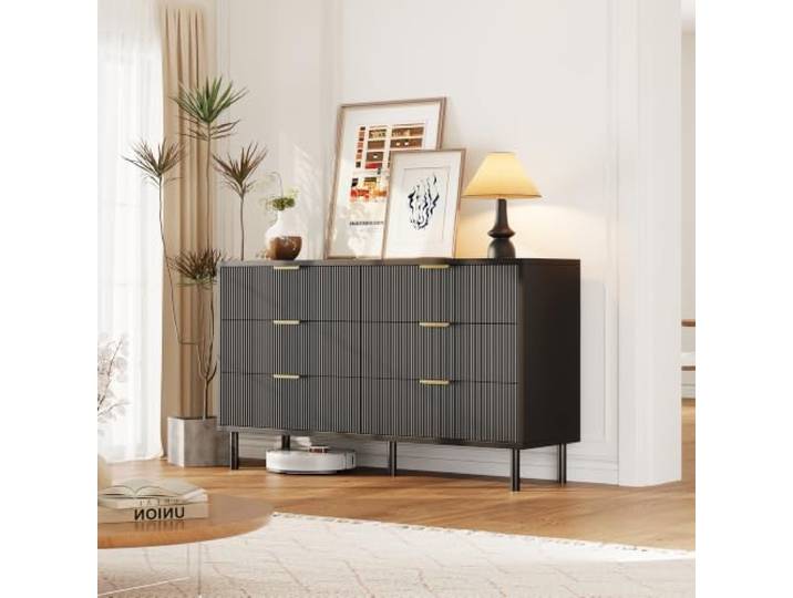GarveeMore Kommode 6 Schubladen mit Wellenmuster, Schwarz, 76 cm 6 Geräumige Schubladen Vertikales Wellenmuster Goldene Metallgriffe 76 cm Hoch Schlafzimmer Und Wohnzimmer