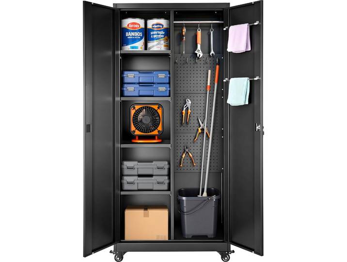 Armoire métallique VEVOR Armoire de rangement à 5 niveaux\, armoire de garage roulante avec étagères réglables\, 2 portes magnétiques\, tringle à vêtements et crochets\, adaptée au garde-manger\, à l'entrepôt et à la cave