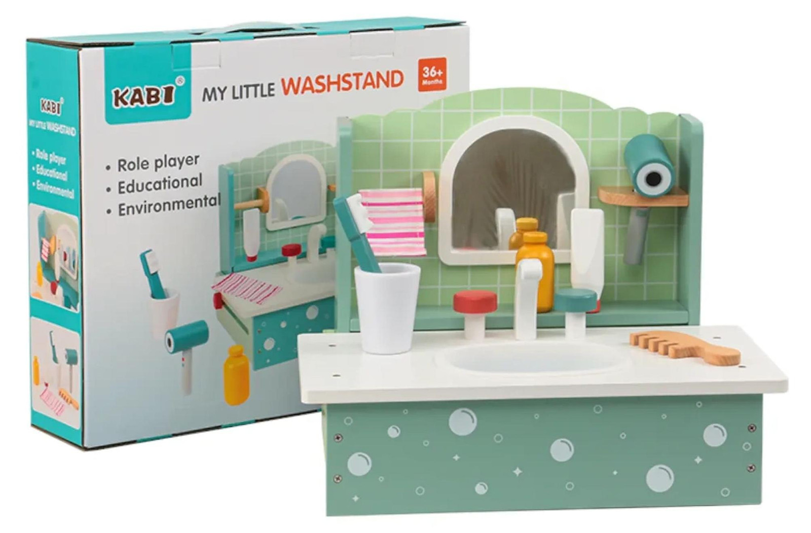 Kabi Houten wastafel speelset met accessoires voor kinderen vanaf 3 jaar