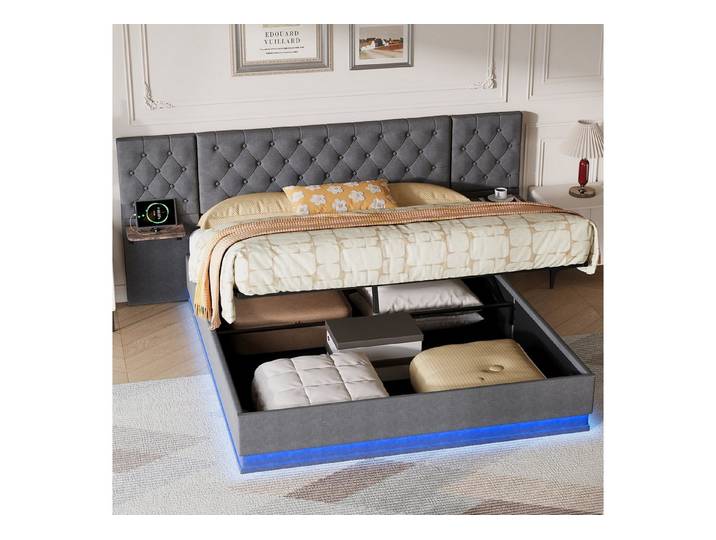 Yelenaro Polsterbett Doppelbett Hydraulisches Stauraumbett (Set, 1-tlg., 140×200cm mit 2 Regal Drahtloses Laden USB-Laden), Leinenm,Grau